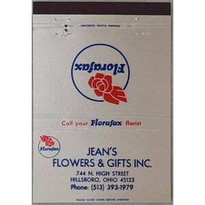 Vintage Jean’s Flowers & Gifts Matchbook Cover Hillsboro Ohio Florafax OH